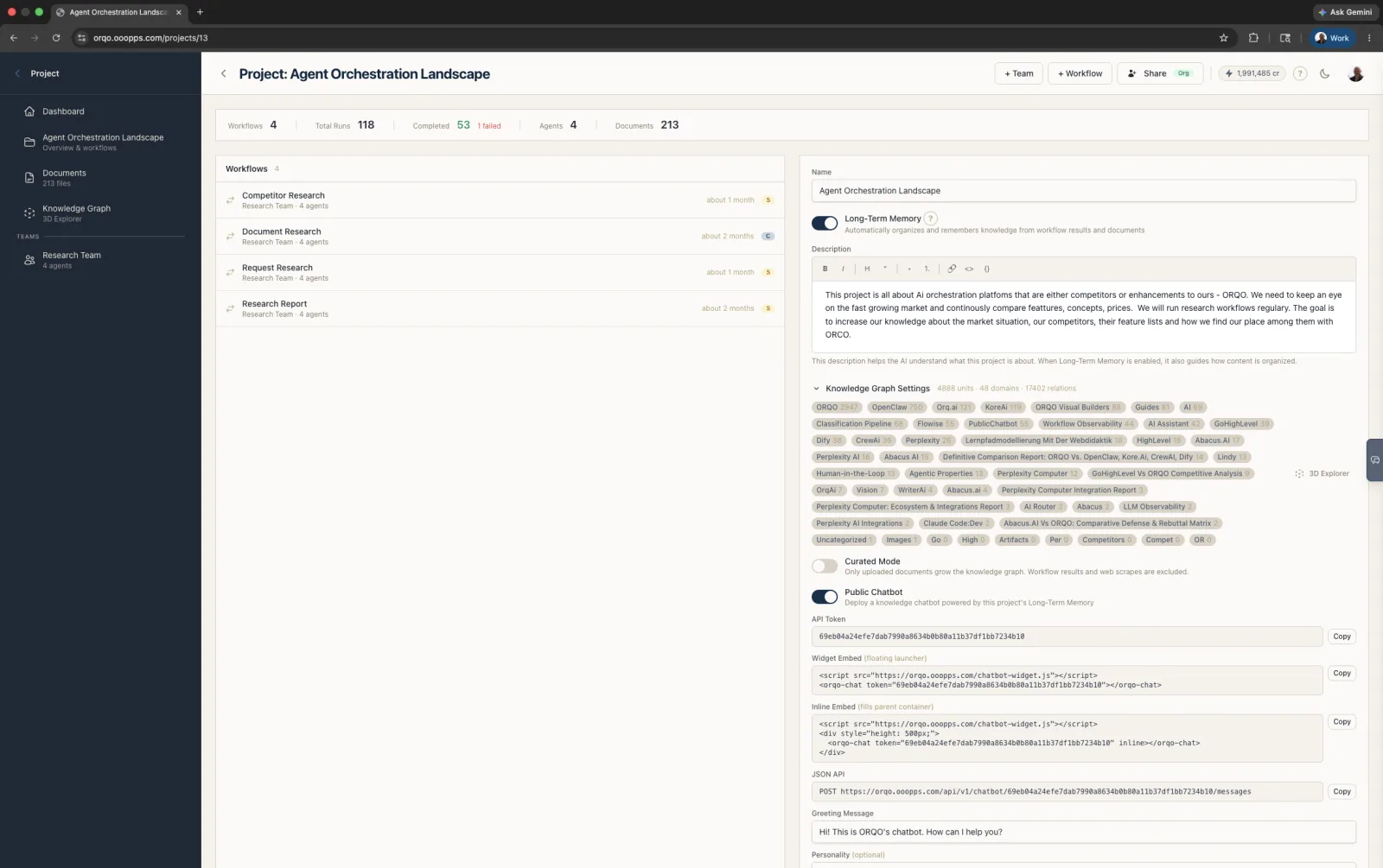 Project page with Long-Term Memory enabled — concept clouds, Curated Mode, Public Chatbot, embed snippets, and JSON API in one place
