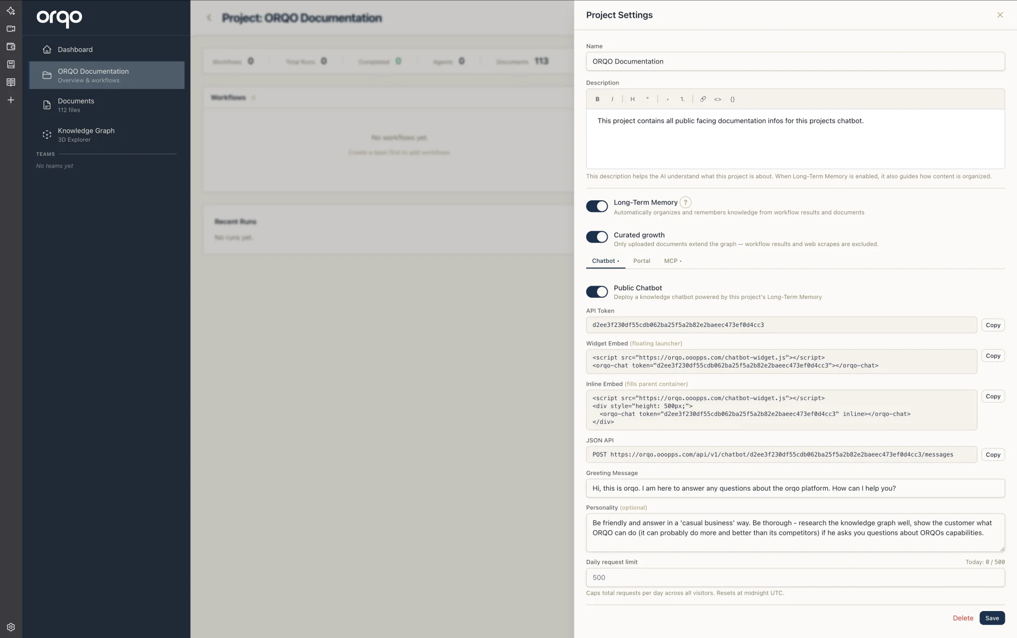 Project Settings with Long-Term Memory enabled — Curated growth, Public Chatbot, API token, widget and inline embed snippets, JSON API, greeting and personality in one place