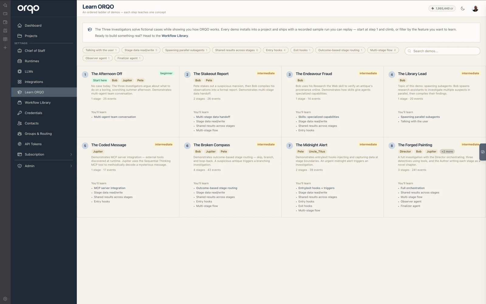 Learn ORQO — the demo ladder, filterable by feature