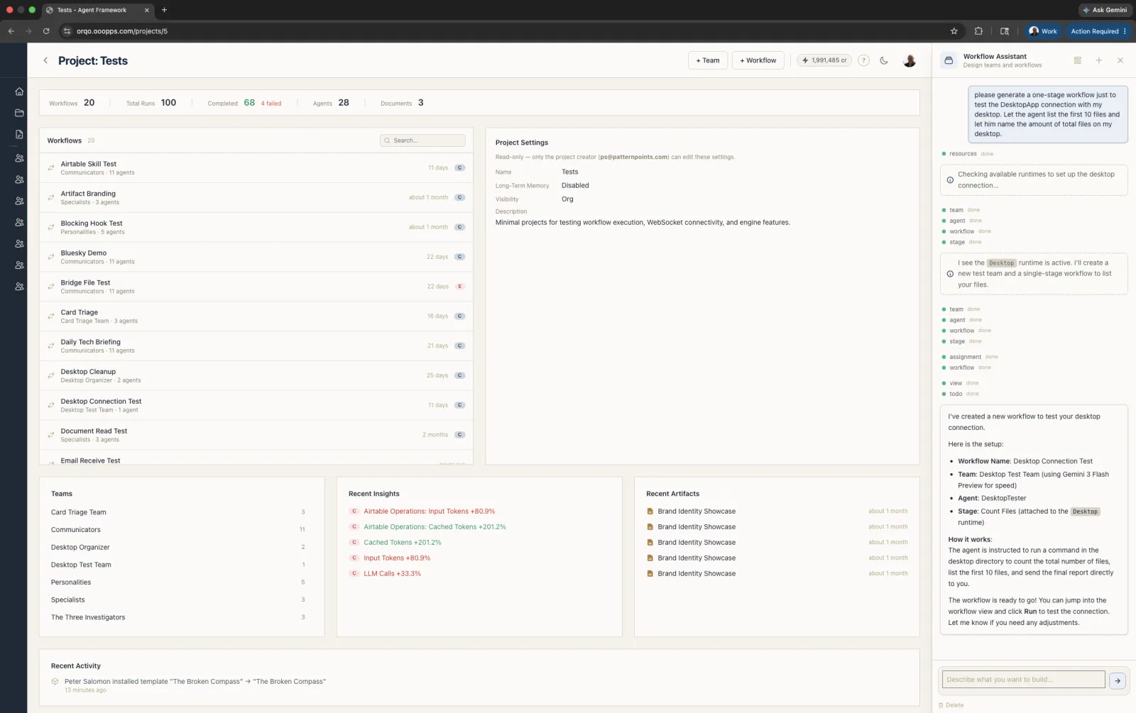 Workflow Assistant in the chat drawer building a workflow alongside the project page