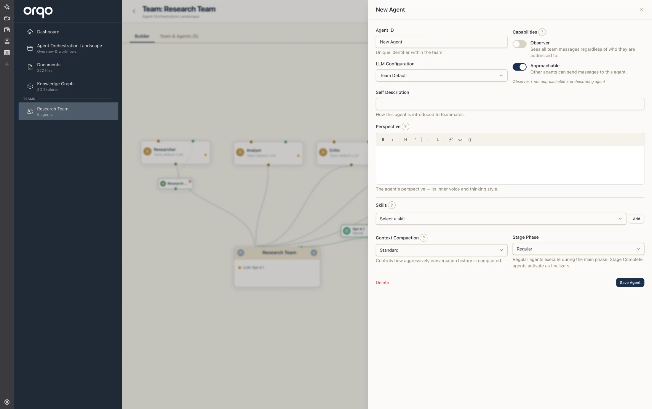 The agent configuration drawer — Agent ID, capabilities, LLM configuration, self description, perspective, skills, and stage phase