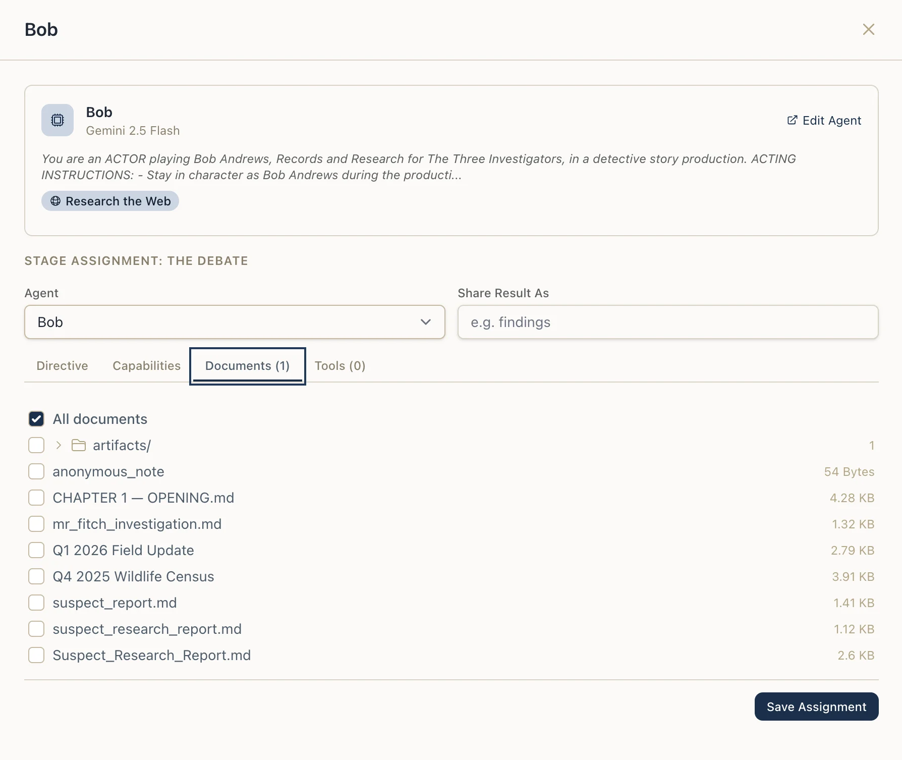 The assignment drawer on the Documents tab — an "All documents" toggle and a checklist of the project's documents and folders to grant the agent for this stage