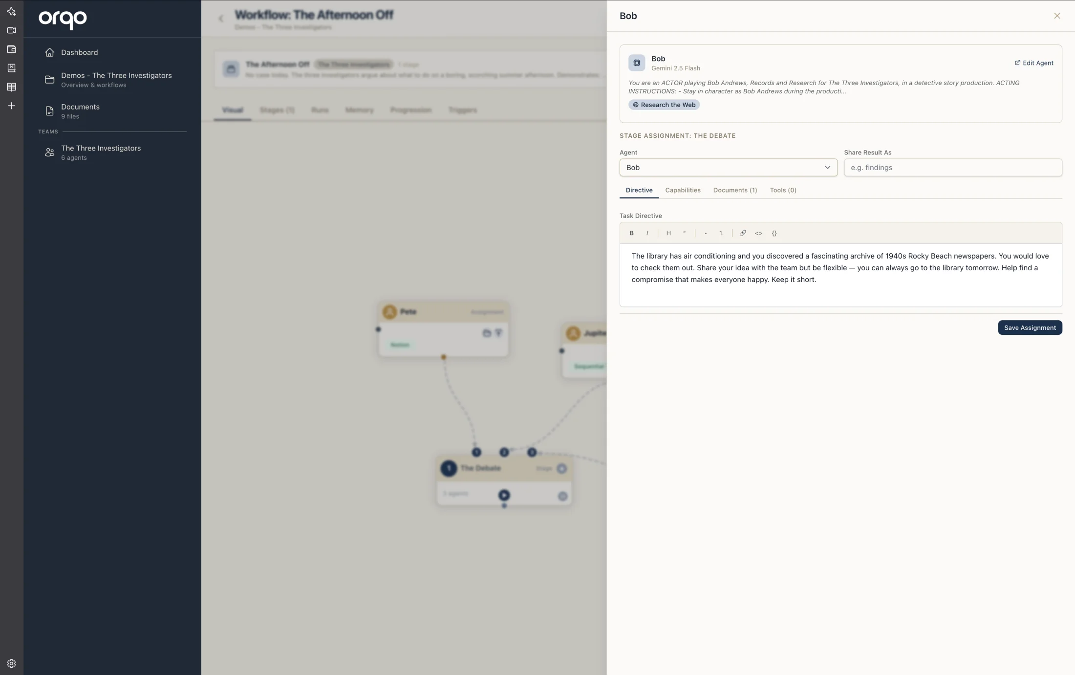 The assignment drawer opening over the canvas after clicking an assignment node