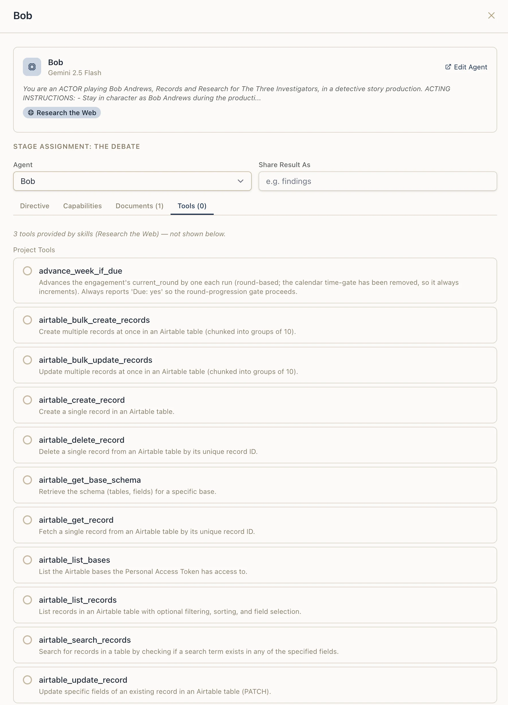 The Tools tab of the assignment drawer — stage-specific tools selectable on top of the tools the agent's skills already provide