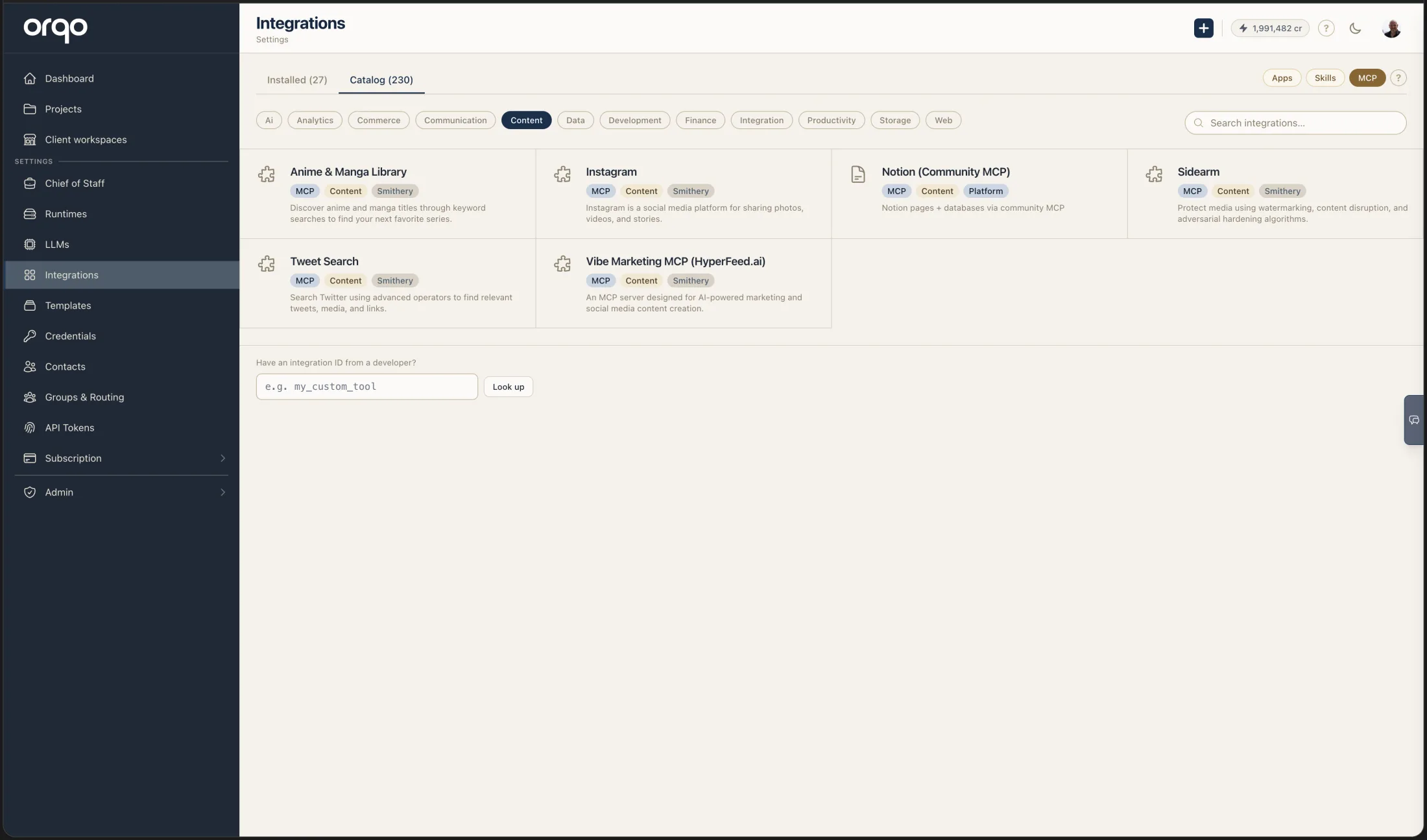 The Integrations catalog filtered to MCP — community and hosted MCP servers that install just like any other integration