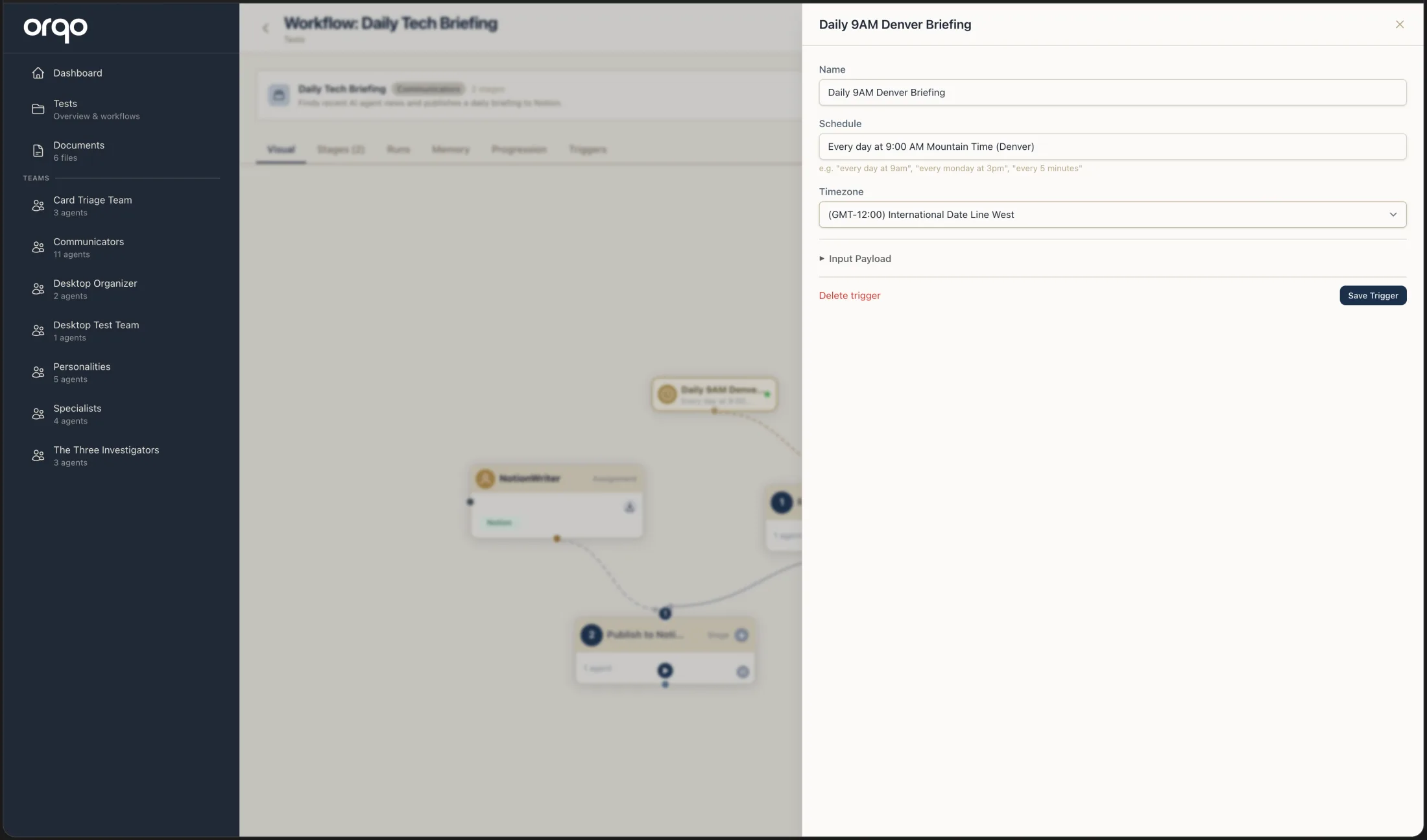 The schedule trigger drawer — a natural-language schedule ("Every day at 9:00 AM Mountain Time"), a timezone selector, and an optional input payload