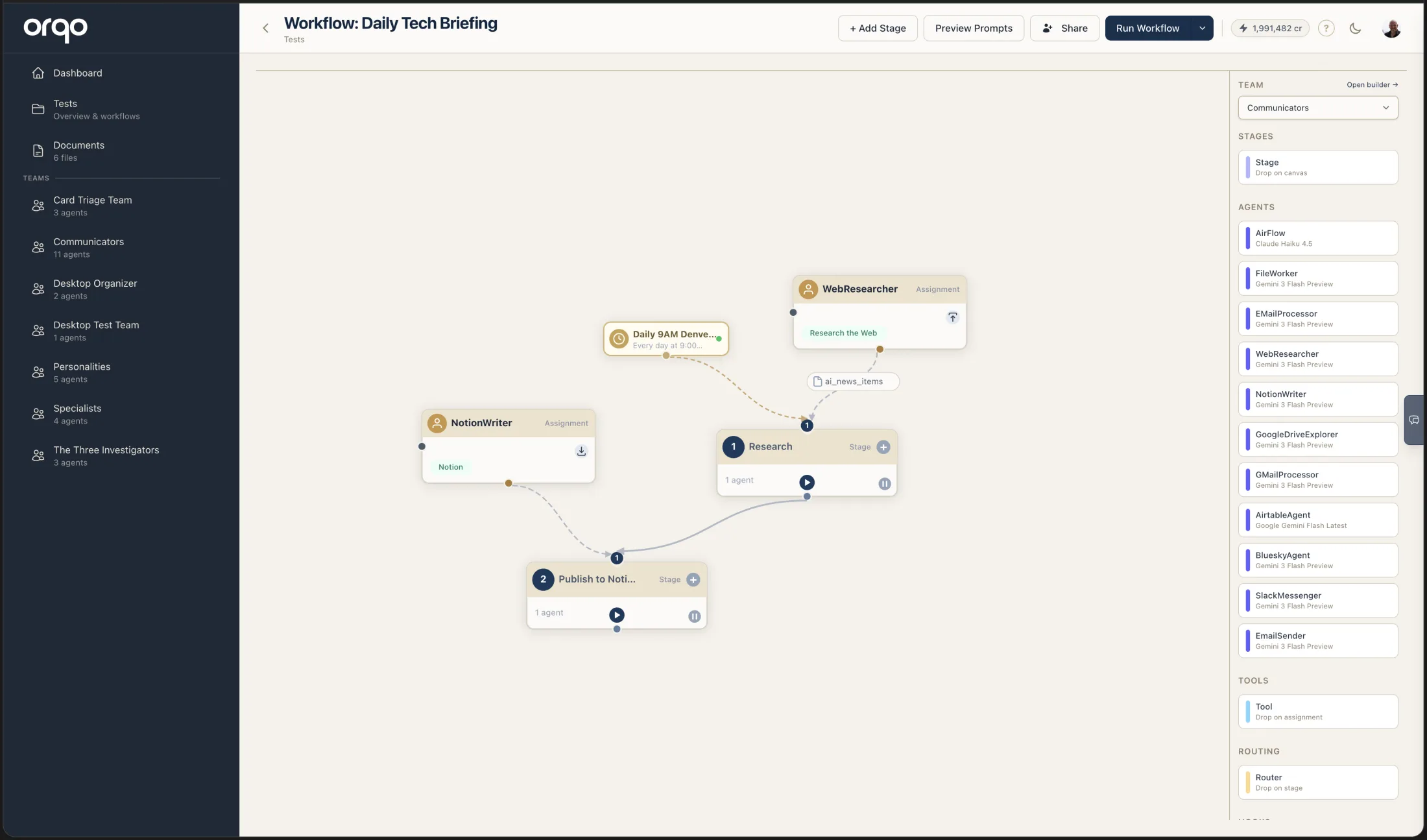 A schedule trigger node in the Workflow Builder — the cron trigger wired by a dashed link into the workflow's first stage
