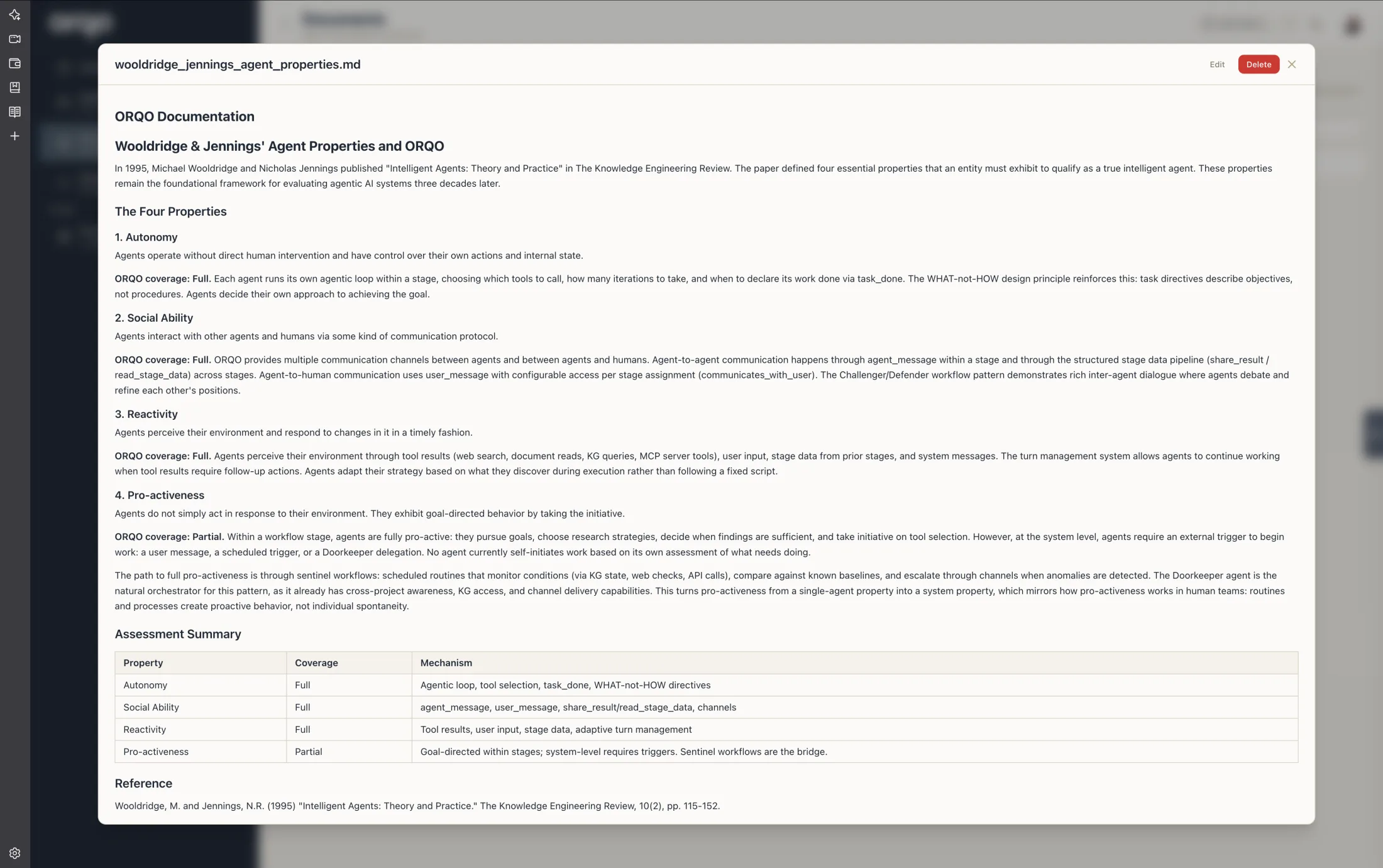 The document viewer — a Markdown document opened in place with Edit and Delete actions