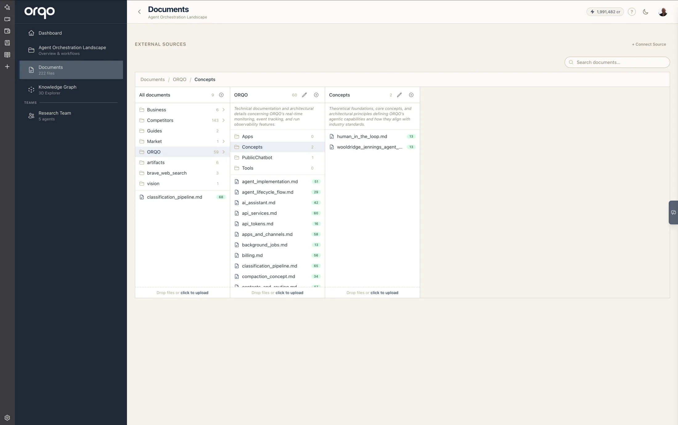 The Documents library — a Finder-style column browser of folders and files; each classified document carries a green badge with the number of knowledge units it added to the knowledge graph