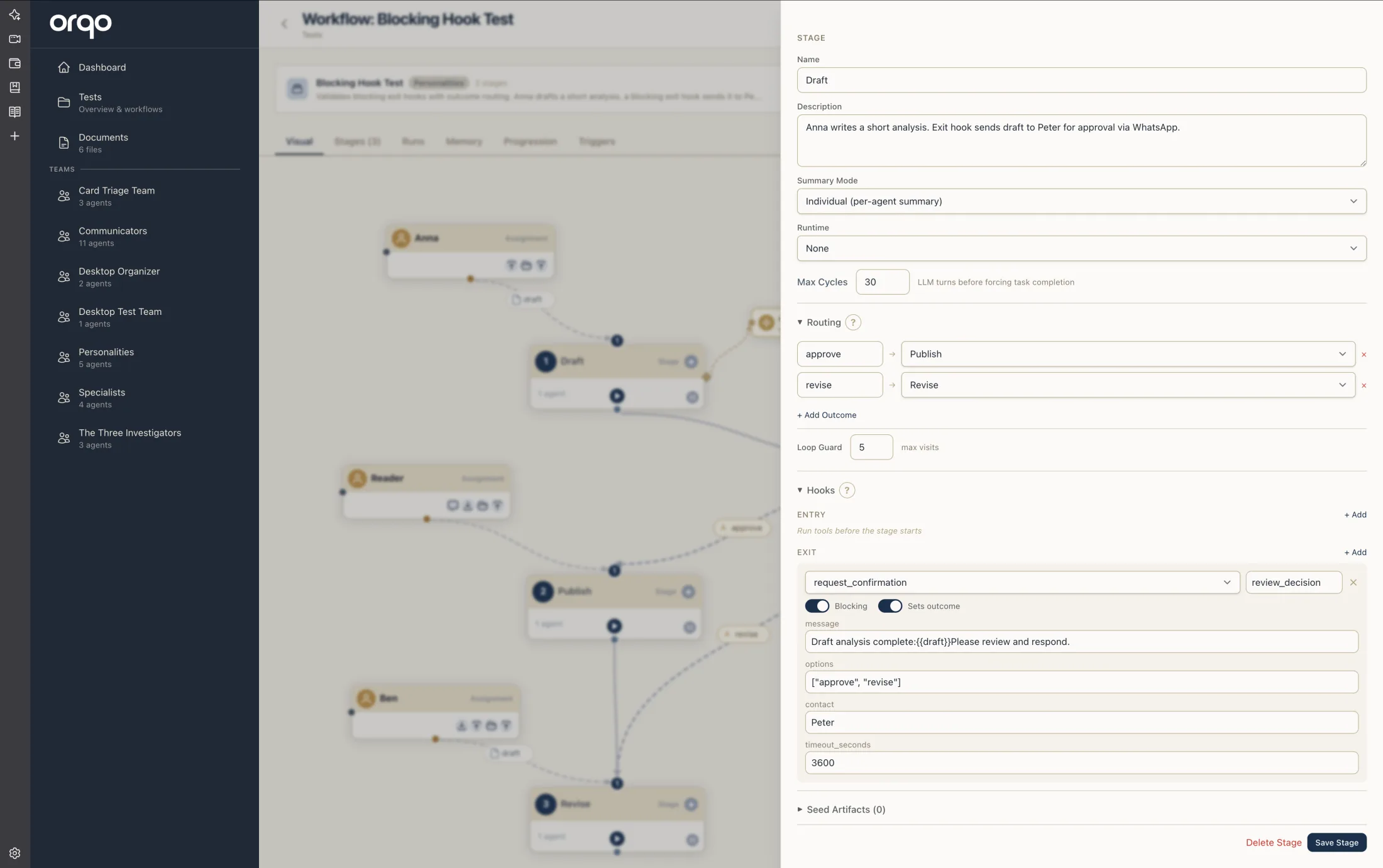 A blocking Request Confirmation exit hook in the stage drawer — Blocking enabled with Sets outcome, plus Message, Options, Contact, and Timeout fields