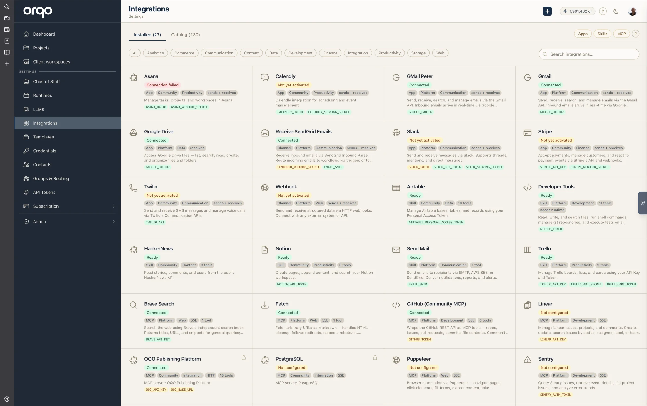 The Integrations browser — a searchable, filterable grid of integrations (Apps, Skills, and MCP servers) with Installed and Catalog tabs, each card showing its status and the tools or channels it provides
