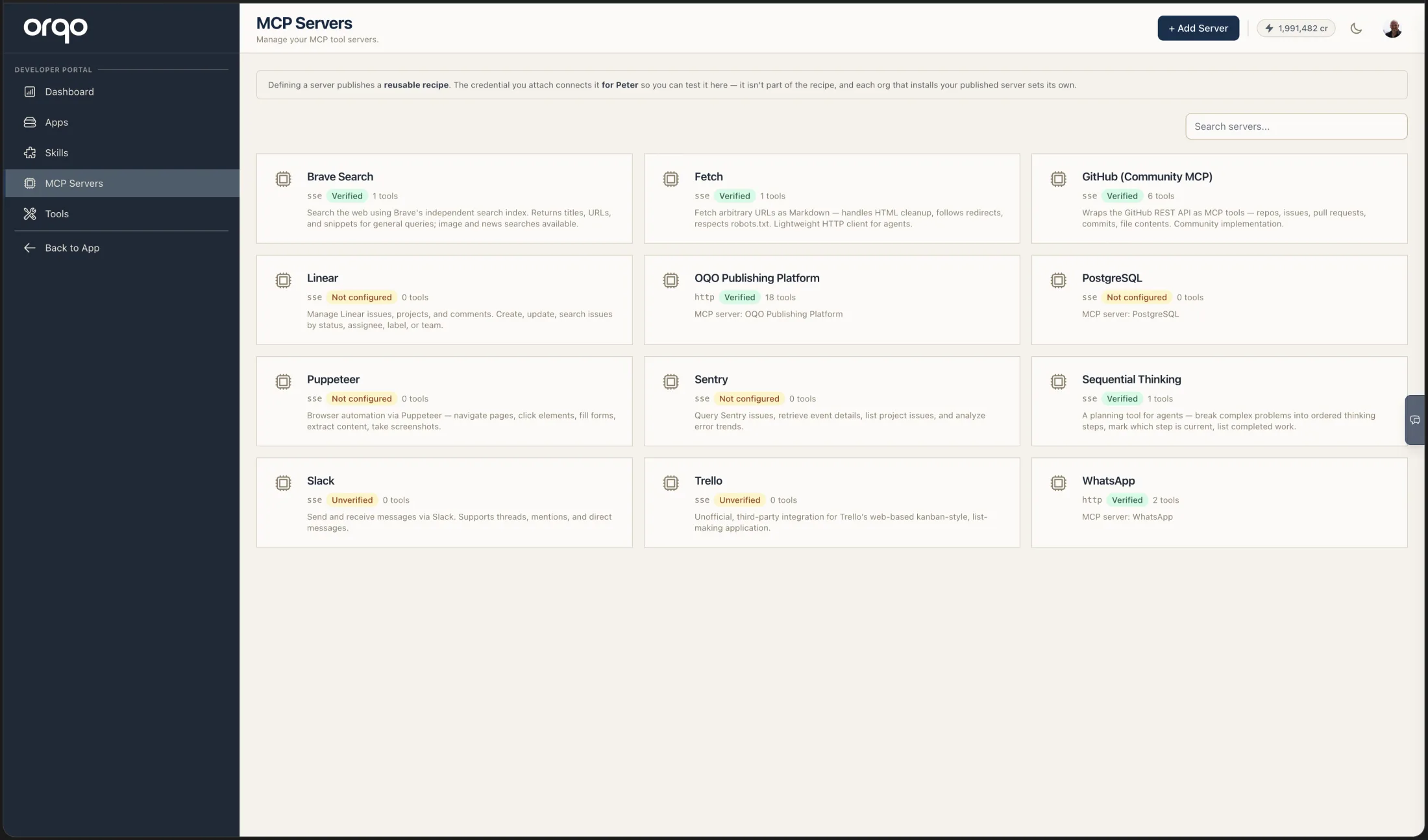 The Developer Portal MCP Servers grid — each card shows the server's transport, verification status, and tool count