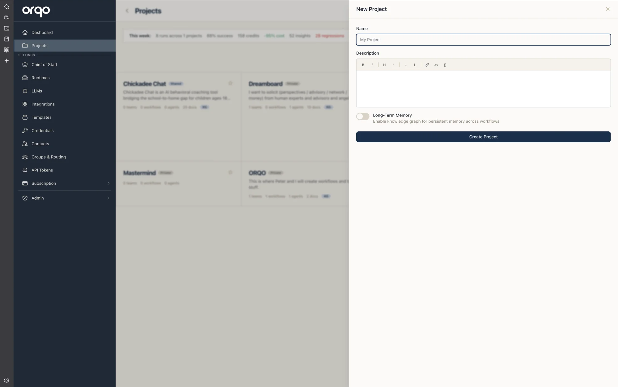 New Project form — Name and Description fields with a Long-Term Memory toggle and a Create Project button