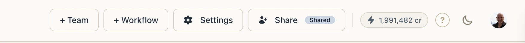 Project header with the + Team button alongside + Workflow, Settings, and Share