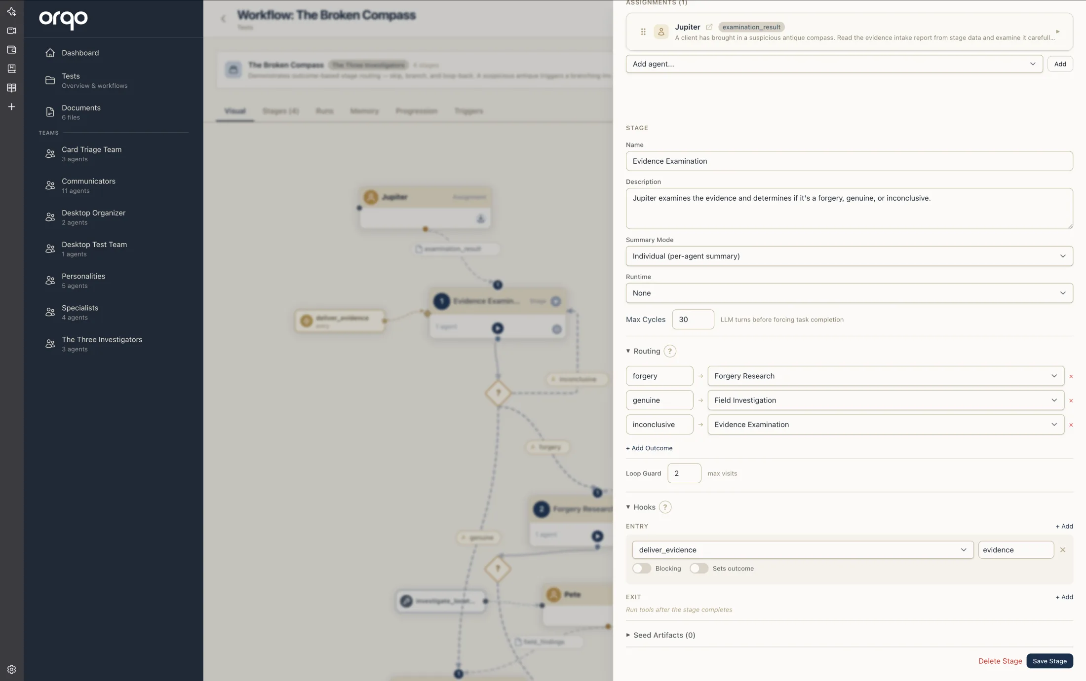 The Routing tab of the stage drawer — each outcome mapped to a target stage through a dropdown, sending the workflow down a different path