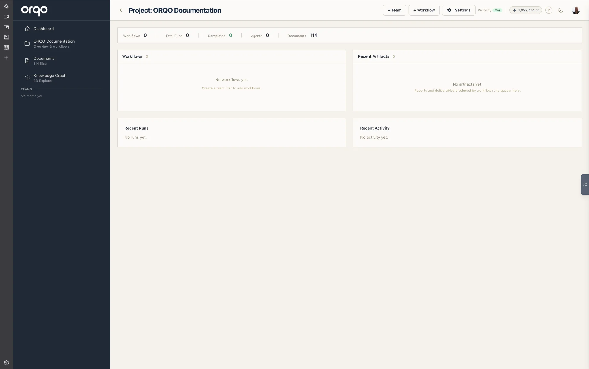 Freshly saved project detail page   — the sidebar lists Dashboard, Documents, and Knowledge Graph, with overview cards for Workflows, Recent Runs, Recent Artifacts, and Recent Activity