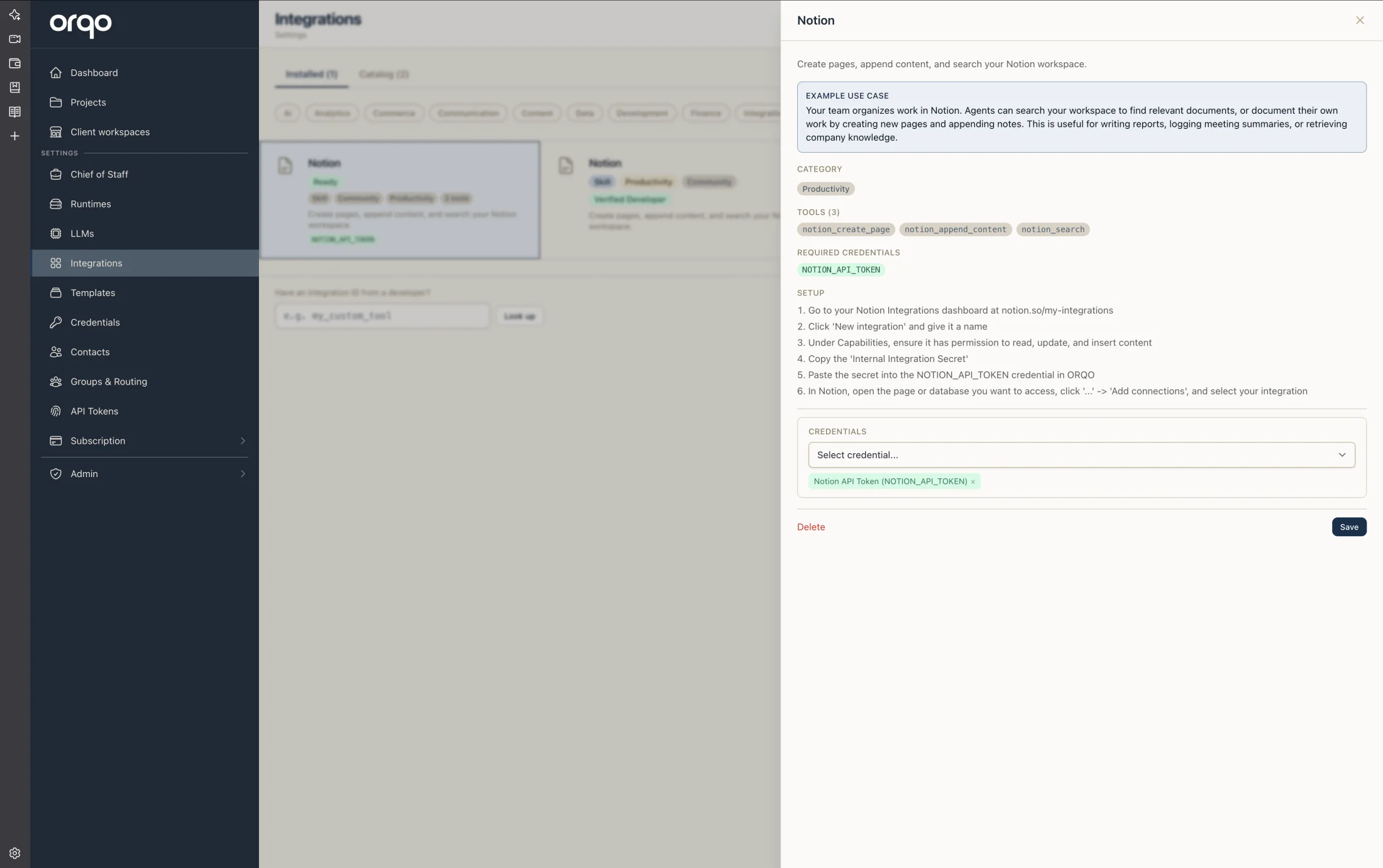 A Skill's detail drawer — its provided tools, source, and configuration