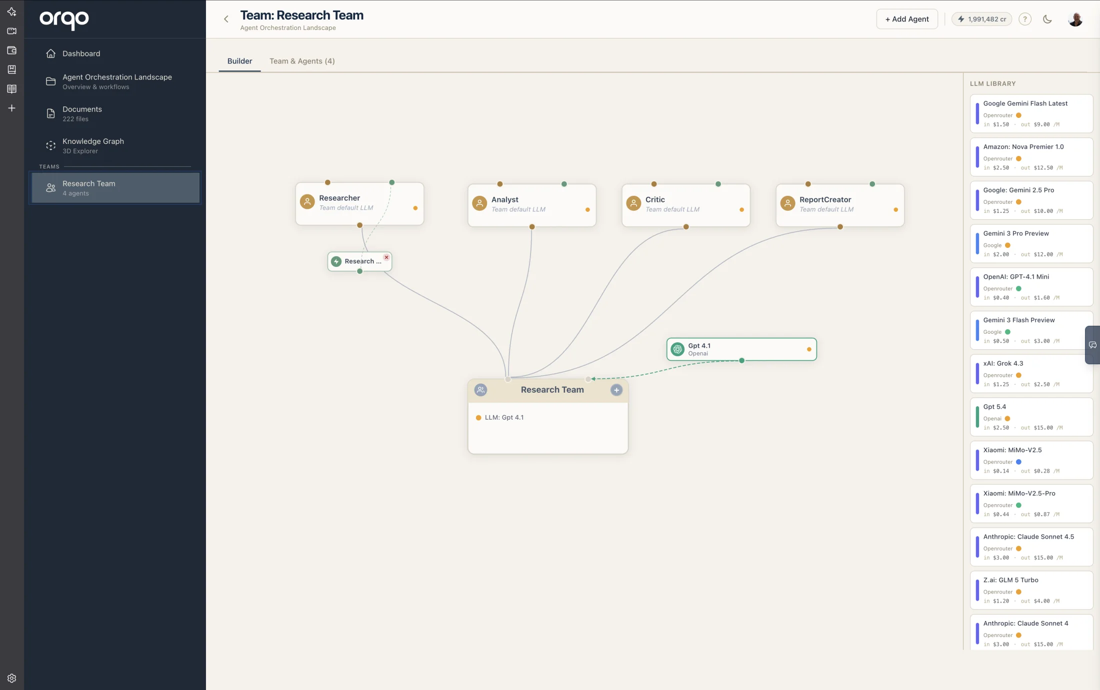 Agent cards in the Team Builder canvas — each agent in the middle row above the team node, with the LLM Library palette on the right