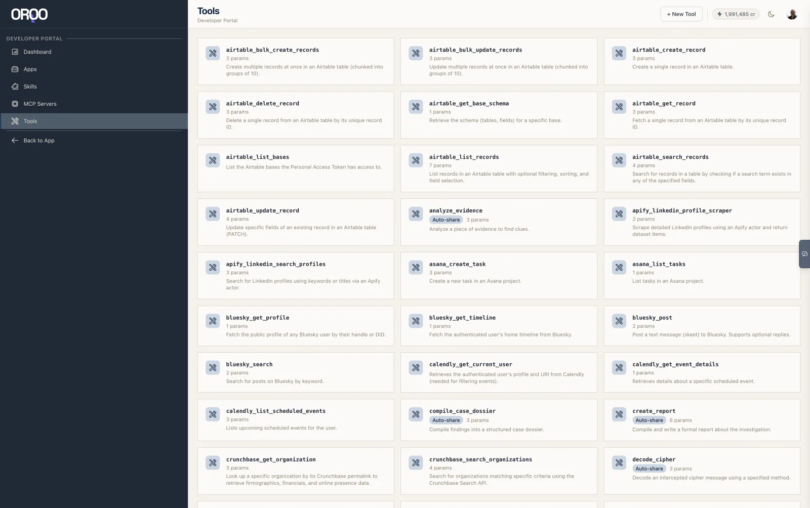 Developer Portal — Tools catalog of ToolFactory tools, each with a param count, description, and optional Auto-share badge