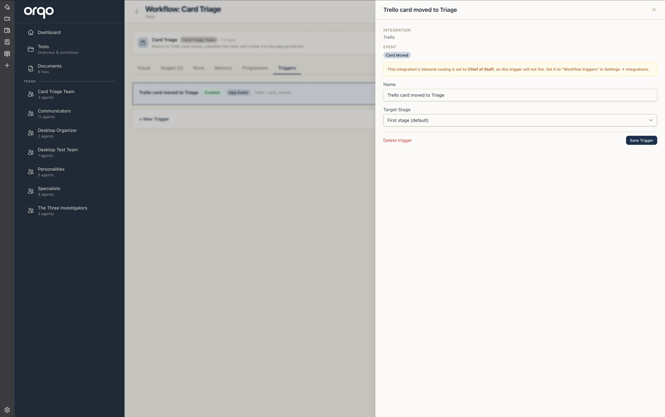 An app-event trigger drawer — a Trello "Card Moved" event routed into a workflow, with the reminder shown when the App's Chief of Staff routing is off