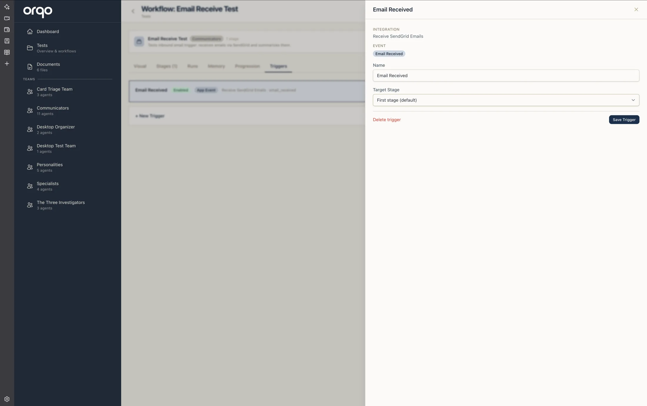 A trigger's edit drawer — an app-event trigger firing on a SendGrid "Email Received" event into a chosen target stage