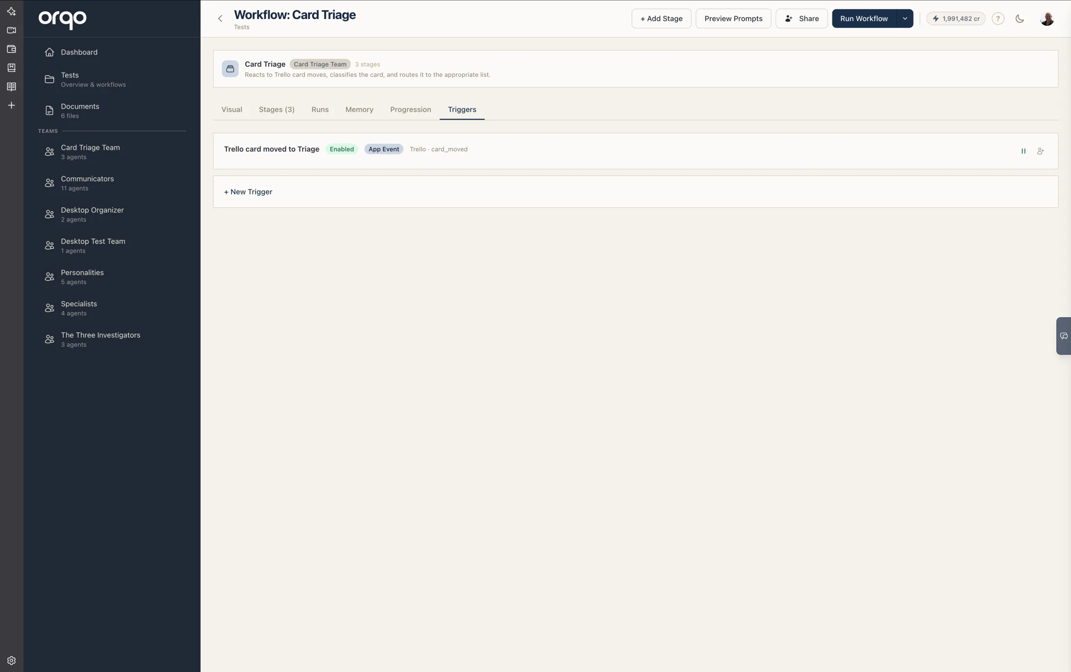 The Triggers tab of a workflow — each trigger listed with its event source, type, and enabled status