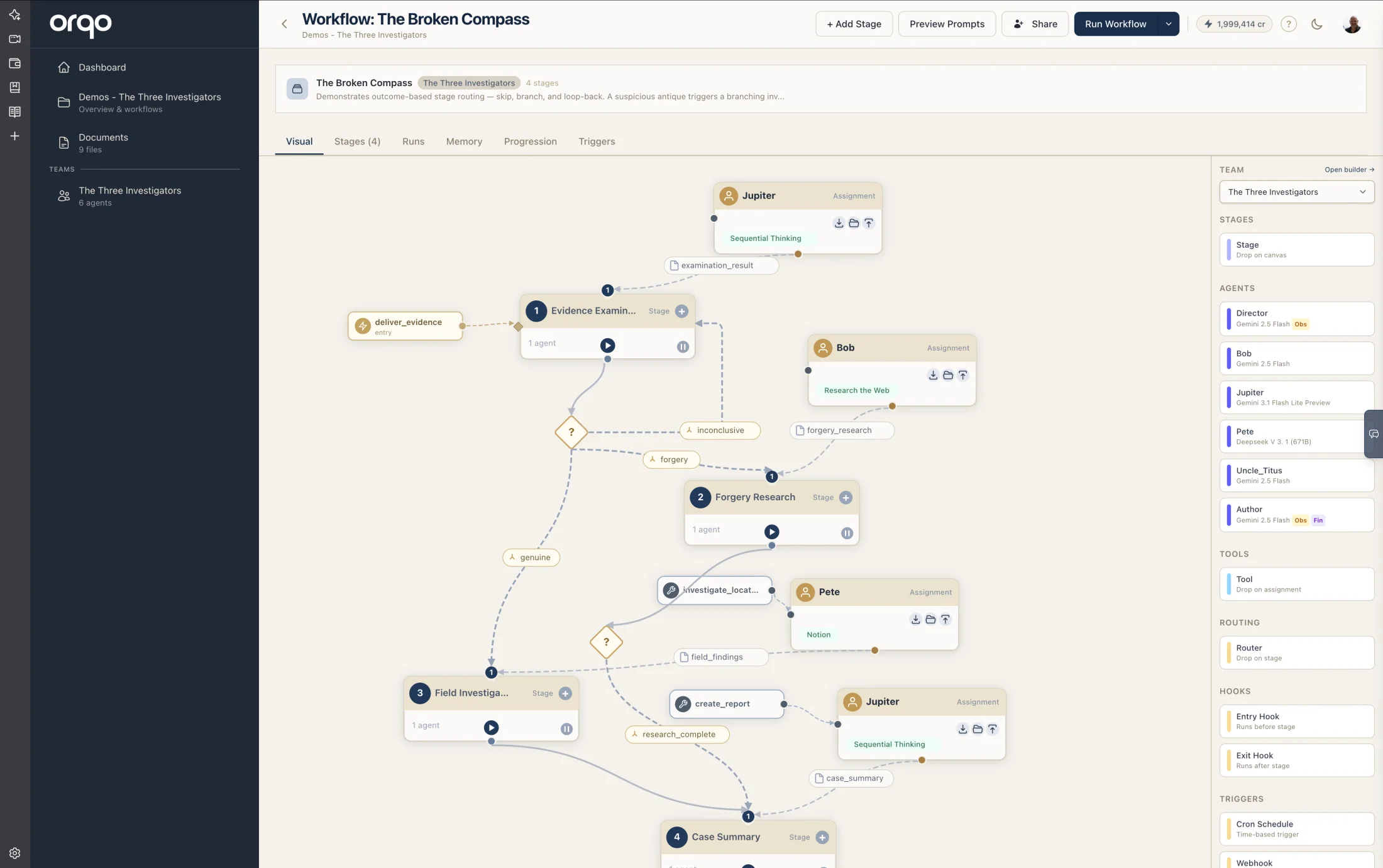 A multi-stage workflow in the Visual Builder with diamond decision nodes branching outcomes to different stages