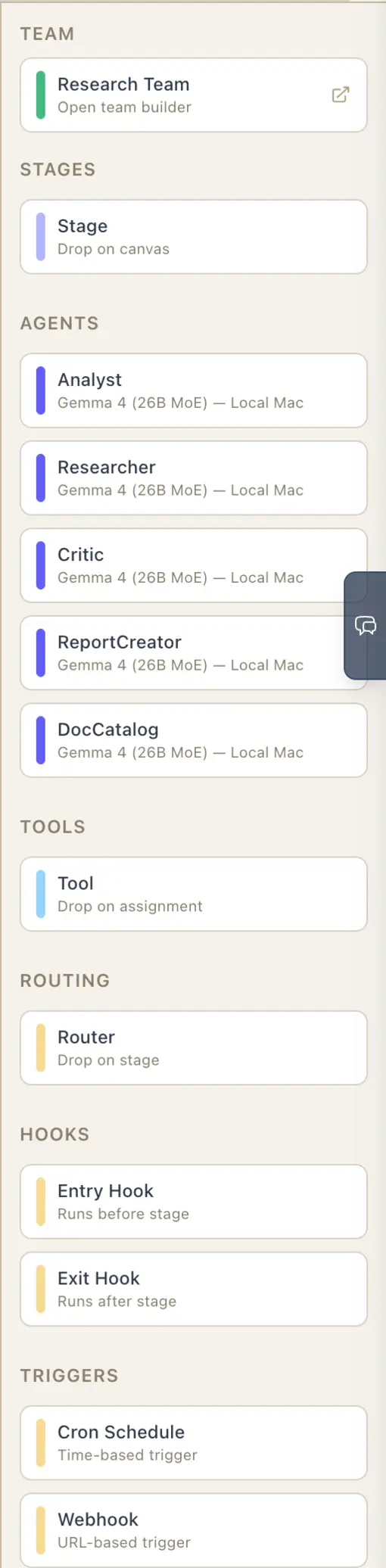 The palette's Team / Agents section — each agent card (with its LLM and capability badges) can be dragged onto a stage, alongside Tools, Routing, Hooks, and Triggers sections